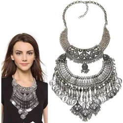 Boho Gypsy Vintage Metal Coin Tassel Large Bib Necklace Collar Women Indian Ethnic Statement Necklace Jewelry