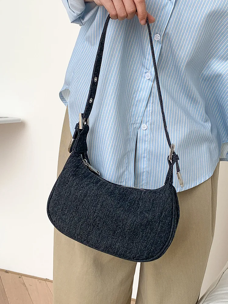 HIGHFOCAL Korean Instagram Minimalist denim Bag Women\'s Bag 2024 New Retro shoulder Bag Niche Fashion Carry Underarm Bag