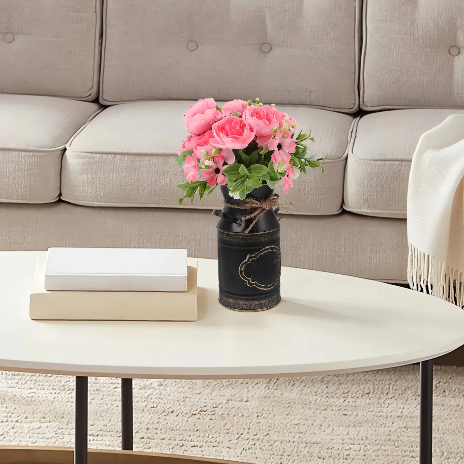 

Galvanized Iron Milk Jug Vase Retro Rope Design Metal Farmhouse Rustic Decor for Dried Flowers Table Decoration