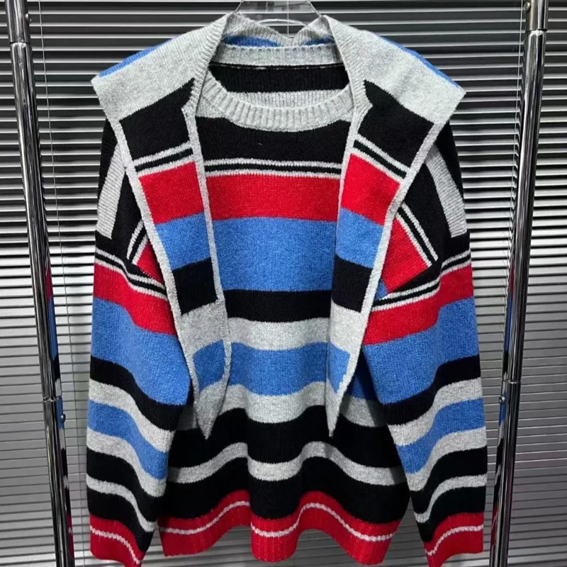 [ZOCI] Detachable Hooded Striped Winter Loose Style Knitted Sweater, Round Neck Top