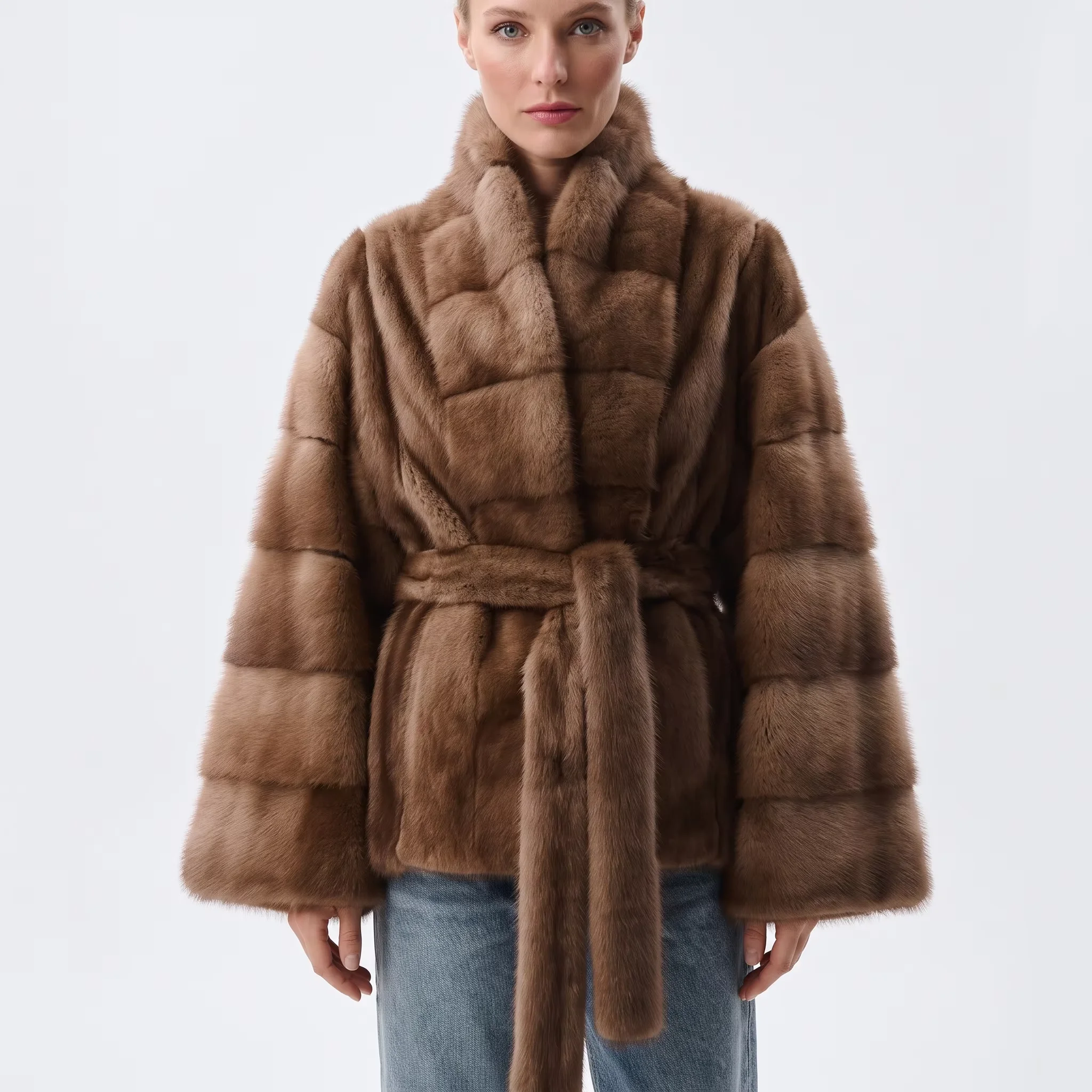 Women Brown Faux Mink Fur Jacket Stand Collar Belted Waist Loose Wide Sleeve Short Fur Coat