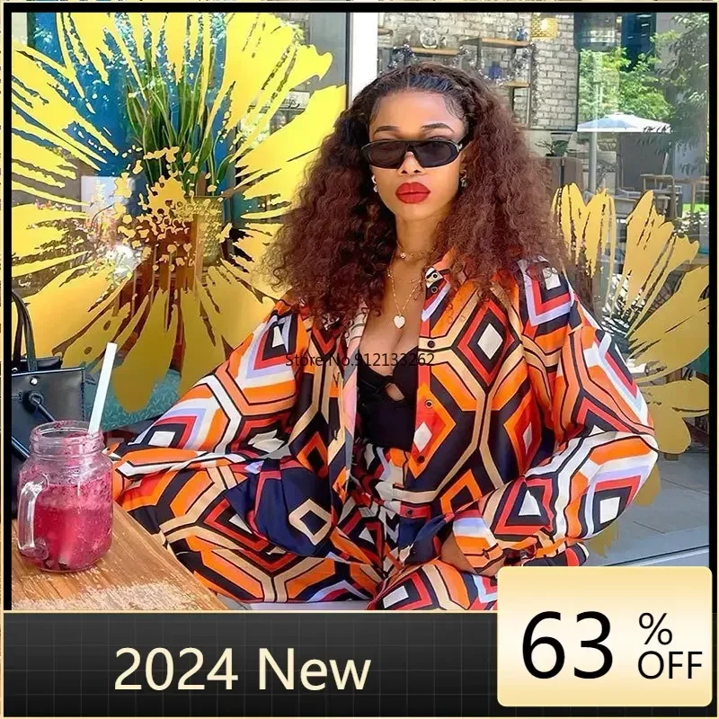 

2023 Spring Autumn African Women Long Sleeve V-neck Polyester Printing Two Pieces Sets Top and Long Pant African Clothes Women