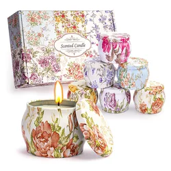 1 Box of 6 Tin Can Candle Set Soy Wax Essential Oil Dried Floral Scented Candle Gift Set Wedding Birthday Gift Home Decoration