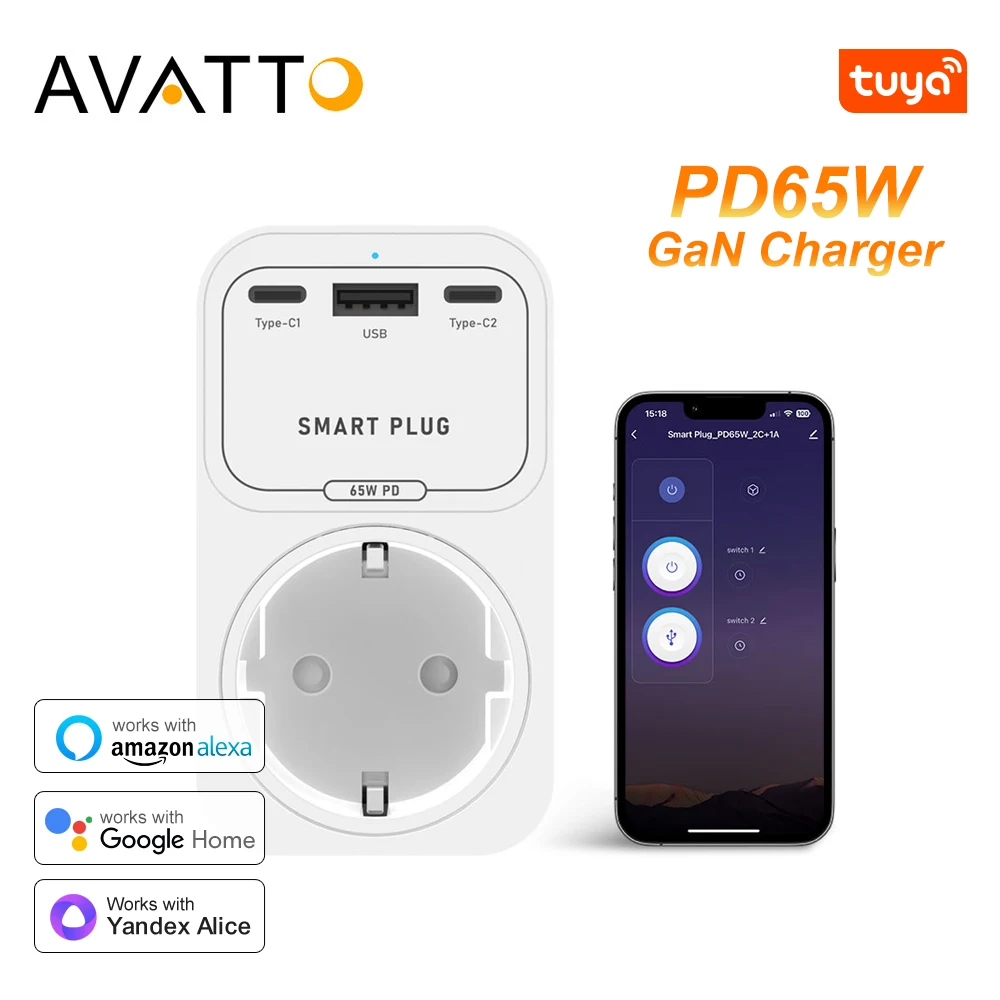 

AVATTO Tuya WiFi Smart Plug PD 65W GaN Fast Charger with Fast Charging Type C/USB A Ports EU Smart Socket For Alexa Google Home