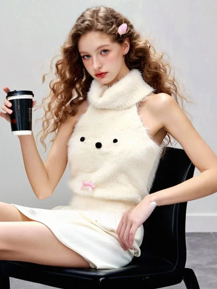 

ZhuoZhi High Collar Sleeveless Knitted Sweater Soft Warm Faux Fur Vest Autumn New Style French Style Regular Fit Knitwear
