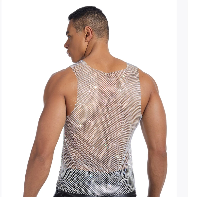 Herren-Tanktop mit glitzerndem Strass-Mesh, durchsichtig, ärmellos, Clubwear, Party-Weste, Herren-T-Shirts und Tanktops, майка мужская – Detail 9