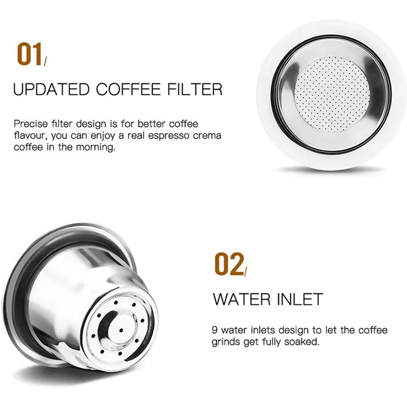 ABUD-แคปซูลนํากลับมาใช้ใหม่ได้, สแตนเลส, แผ่นรีฟิล 9 ชิ้นสําหรับ Nespresso + 3 Tamper + 3 ช้อน + แปรง 3 อัน