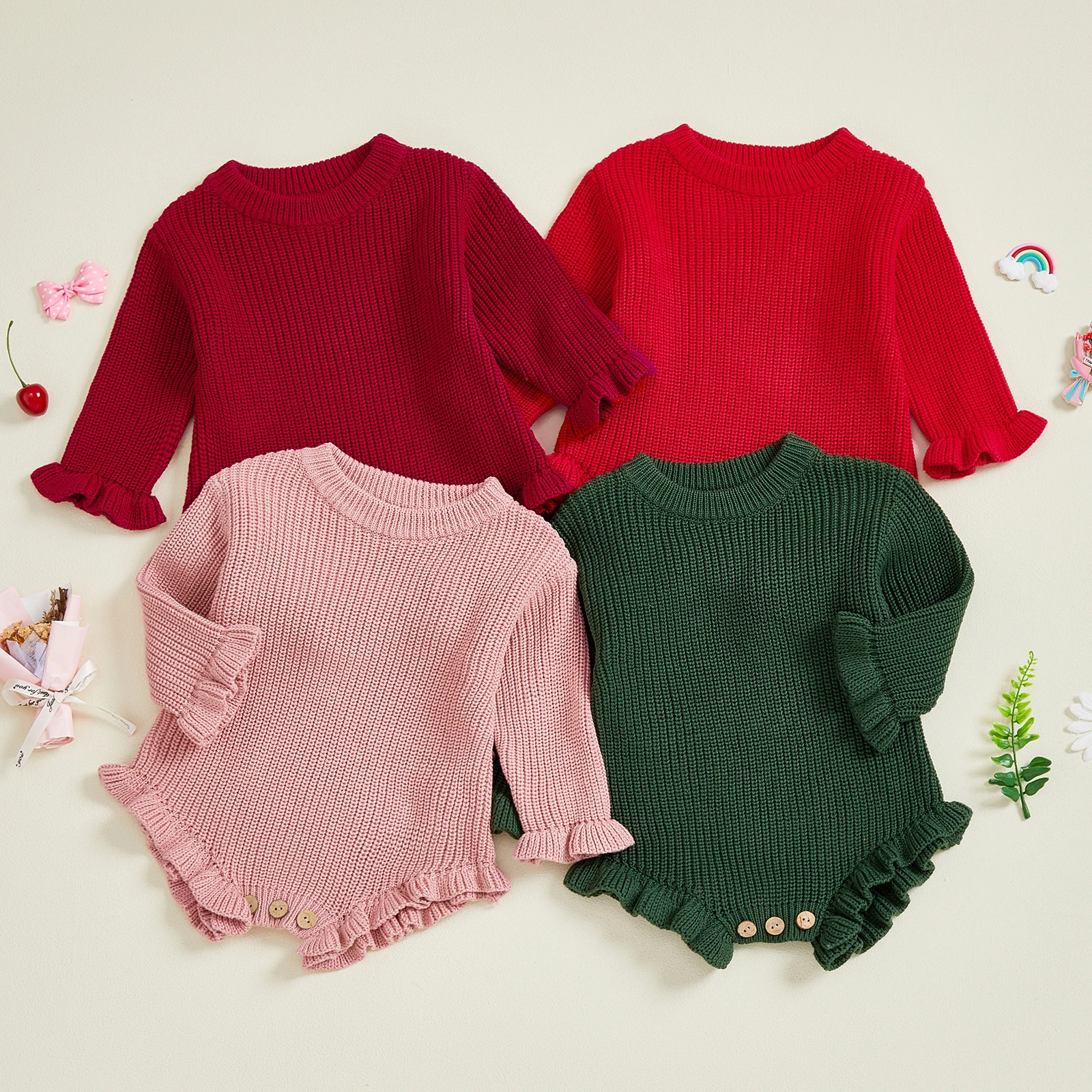 

Suefunskry Newborn Baby Fall Winter Knitted Sweater Romper Solid Color Long Sleeve Round Neck Ruffled Sweater Jumpsuit