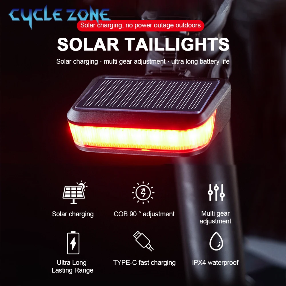 Bicycle Taillight Solar Energy Cycling Rear Lights Mountain MTB Road Bike Solar Energy Tail Light