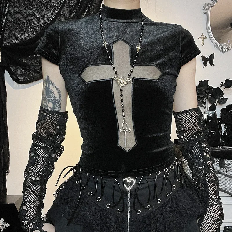 Dark Goth Cross Sheer Mall Gothic Women T-shirts Grunge Aesthetic Punk Sexy Emo Black Top Streetwear Fashion Alternative Clothes