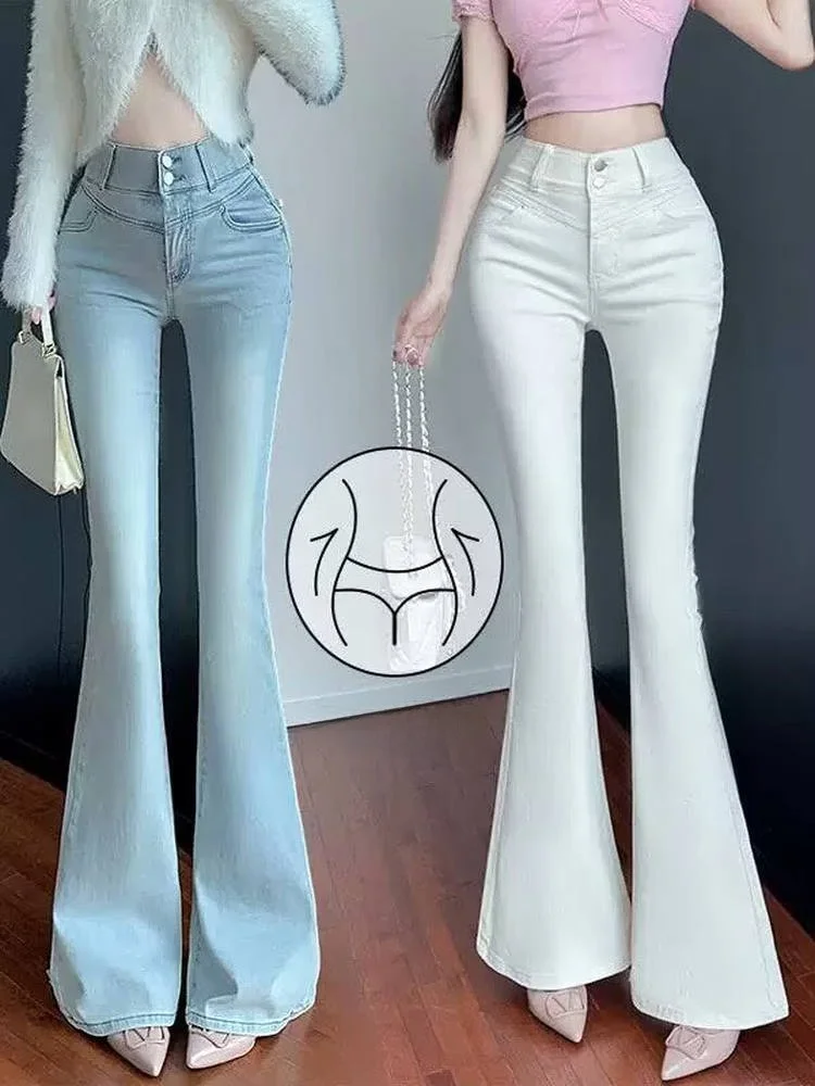 

High Waist Bell Bot Jeans Women's Sweet Lace Butt Lifting Knot ket Micro Flared Denim Cotton Stretch Retro Sle