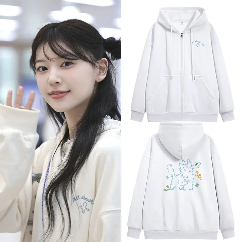 

Pure Cotton Fleece Lined Hoodie Zipper Jacket Loose Fit Women's Spring Autumn Winter Sweatshirt Kangaroo Pocket Casual Style