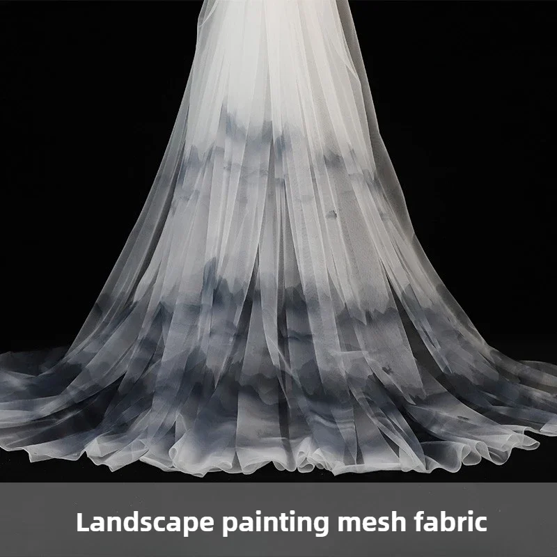 Chinese Style Gradient Mesh Tulle Fabric Printed By The Meter for Hanfu Skirt Veil Sewing Ink Wash Painting Cloth Black White