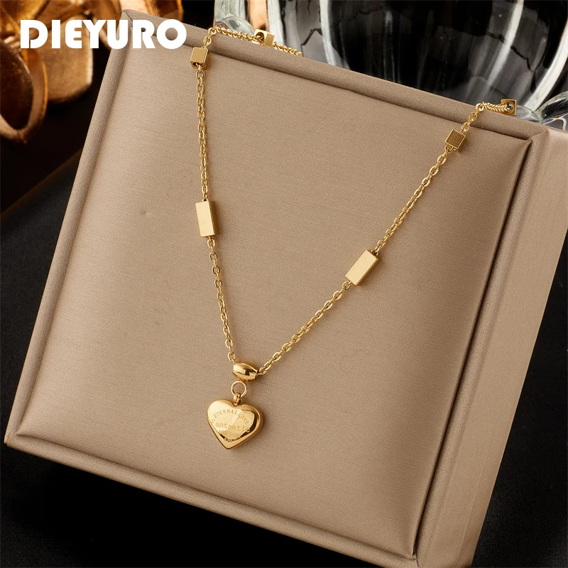 

DIEYURO 316L Stainless Steel Gold Color Heart Pendant Necklace For Women Fashion Ladies Letter Chain Girls Body Jewelry Gift