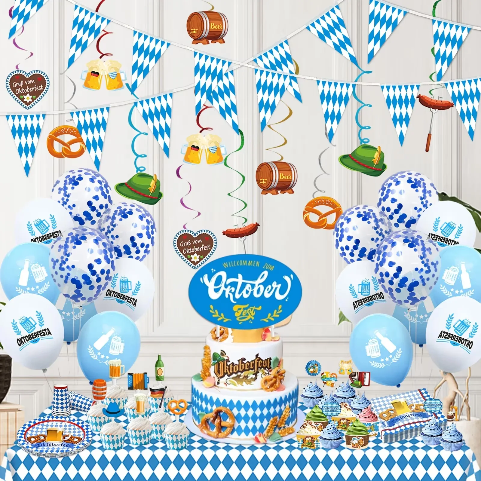 100 Stück blau-weiß karierte Zahnstocher-Flaggen – bayerische Oktoberfest-Cupcake-Topper, seitliche Party-Picks für Bier-Festival-Dekoration – Detail 6