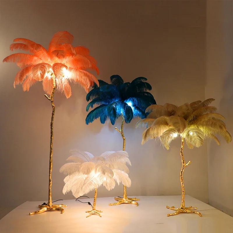 Nordic LED Floor Lamp Luxury Ostrich Feather Lights for Bedroom Living Room Princess Table Light Romantic Tree Branch Design