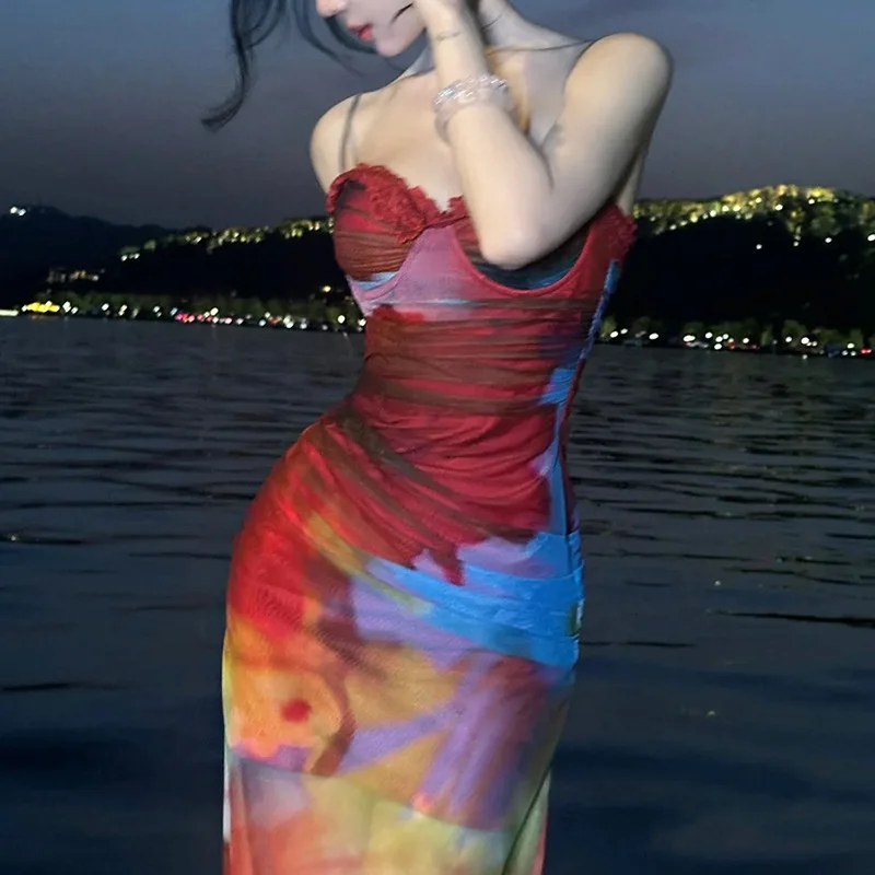 

Sexy Colorful Print Slim Maxi Dress Summer V Neck Sleeveless Backless Party Dresses Summer Spaghetti Strap Clubwear Vestidos Y2k