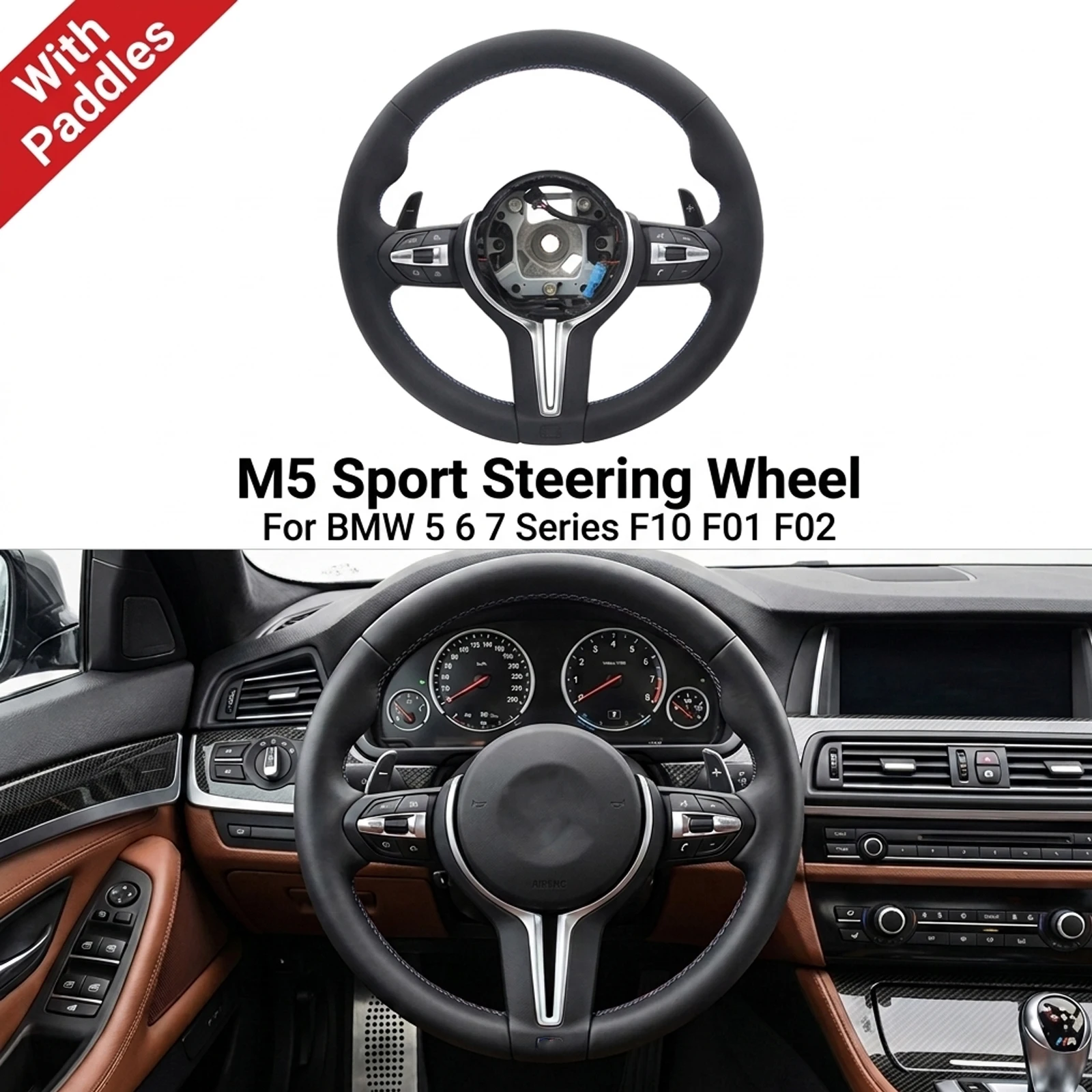 Volante sportivo M5 Racing con leve del cambio, rivestimento in pelle PU, compatibile con BMW F10 F06 F07 F11 F12 F13 F01 F02, serie 5, 6, 7, accessori per auto.
