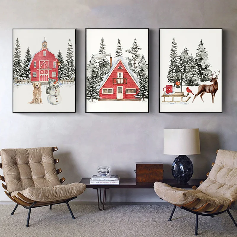 Winter Cabin and Forest Snow Scene Canvas Painting Nordic Merry Christmas Elk Wall Art Posters Bedroom Holiday Aesthetic Decor