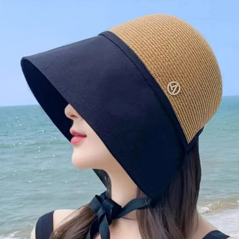 Splicing Design Wide Brim Straw Hat for Women  2026 New Summer Bucket Cap, UV Protection Beach Sun Hat with Face Slimming