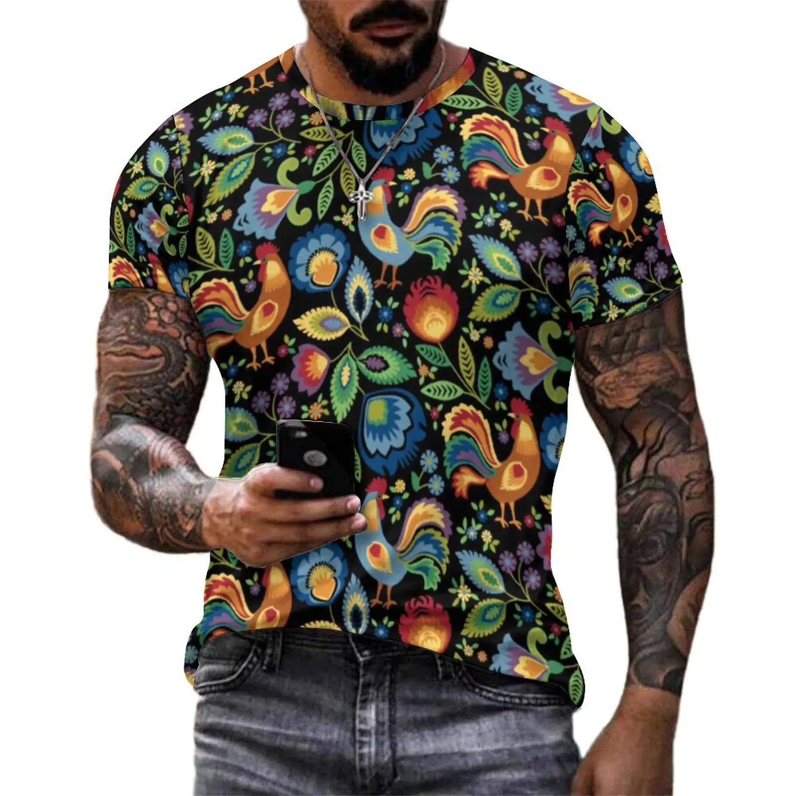 Male Pretty Chicken T-Shirt Folk Roosters Leaf Print Retro T Shirts Short Sleeve Custom Tshirt Original Y2K Casual Big Size Tees