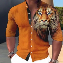 Casual Animal Lion Print Shirt Summer Men's Long Sleeve Shirt 3D Printed Lapel Shirt Men and Women Fashion Shirt Long Sleeve