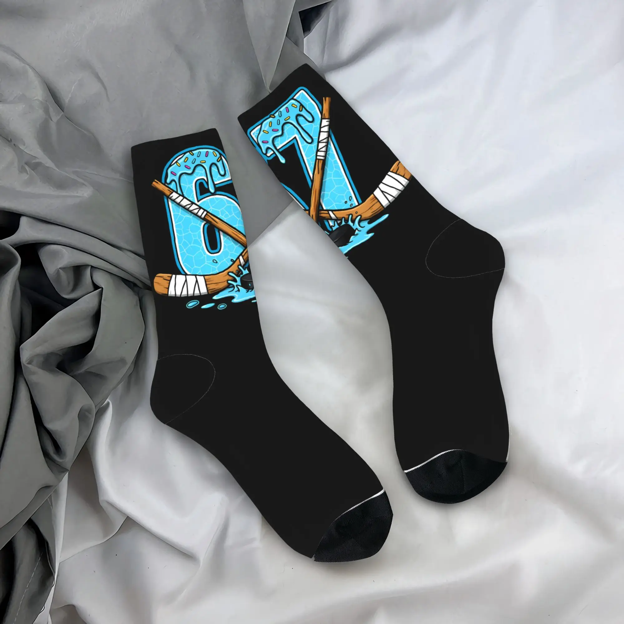 Ice Cream Drip Hockey Number 67 Socks Winter  Stockings Funny Women Men Breathable Socks Design Climbing Anti Skid Socks