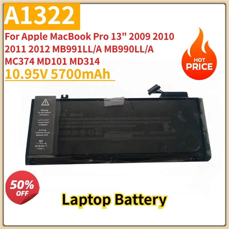 

Новый сменный аккумулятор A1322 10,95 В 5700 мАч для Apple MacBook Pro 13 дюймов 2009 2010 2011 2012 MB991LL/A MB990LL/A MC374 MD101 MD314