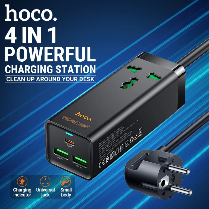 hoco AC 2500W сетевой фильтр удлинитель с одной розеткой два USB 18W Type-С PD 30W зарядное устройство для быстрой зарядки с портами USB-C USB-A для путешествий в офис для дома евровилка EU пилот с юсб бытовой 1.5м
