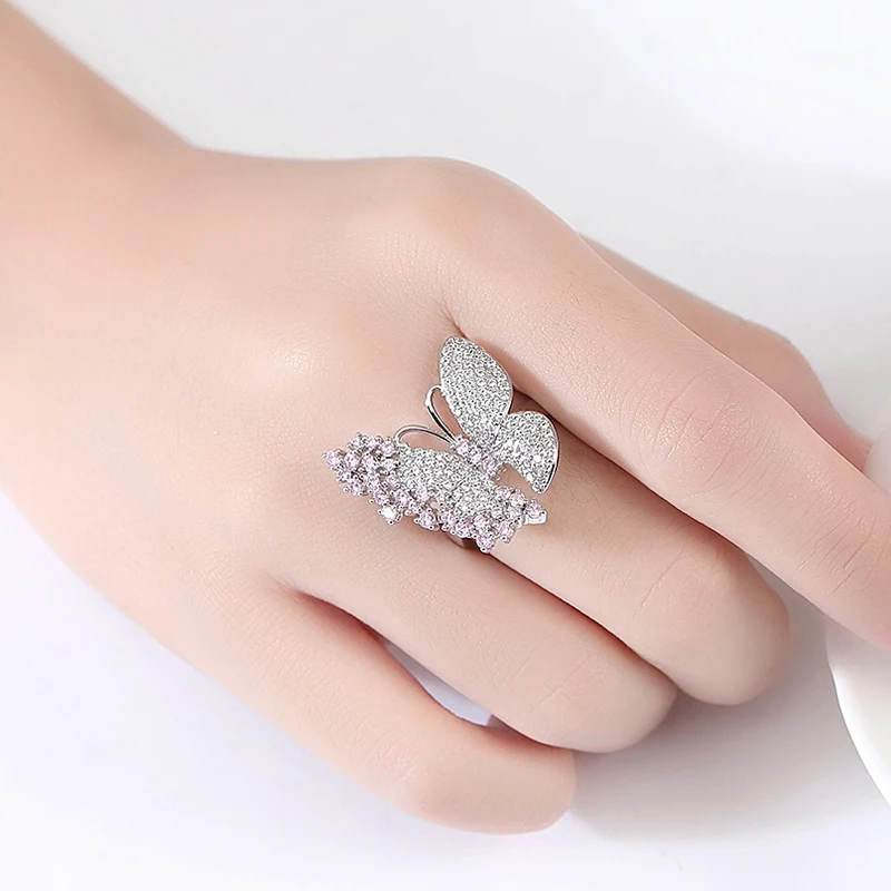 LUOTEEMI Pink Butterfly Adjustable Medium Size Sweet Ring for Girls Shine Cubic Zirconia Cute Party Birthday Gifts Wedding Ring