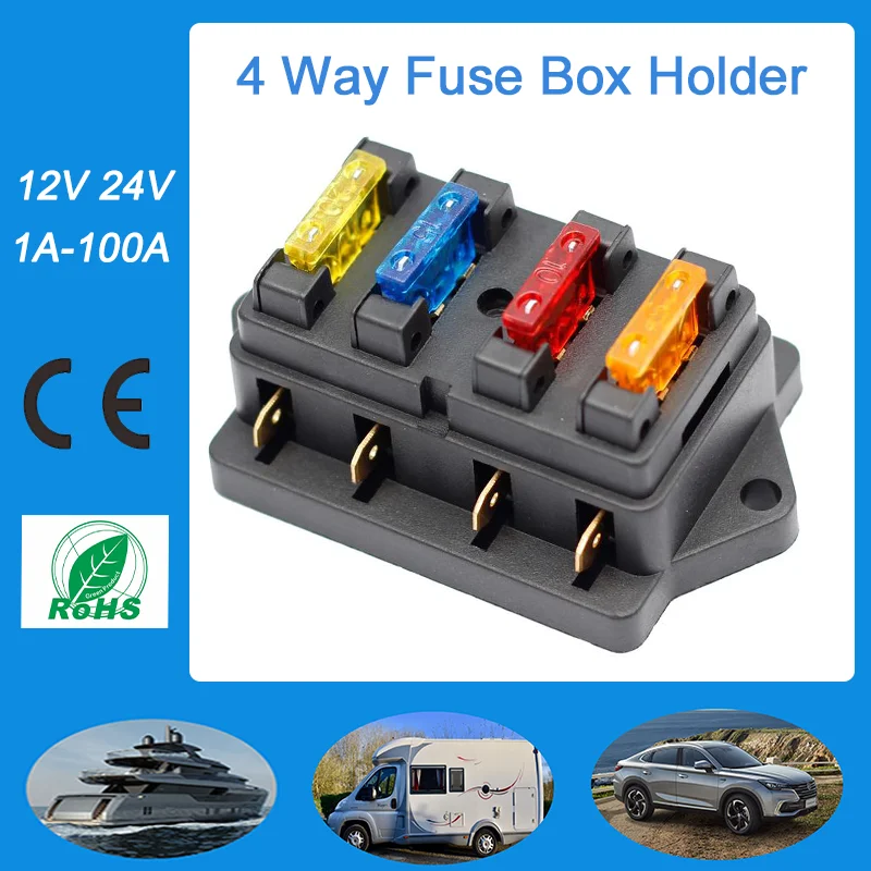 1PCS DC12V 24V 40A 4 Way Fuse Box Circuit Car Trailer Auto Blade Fuse Box Block Holder ATC ATO Fuse Holder With 8 Fuse And Clip