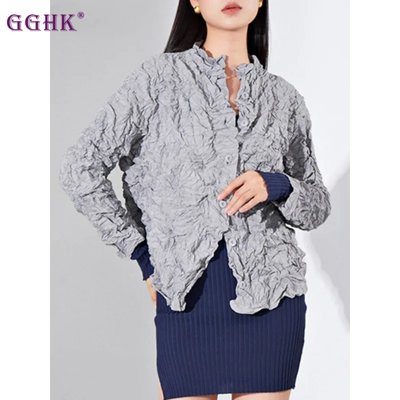 

GGHK Miyake Fashionable Retro Jacket Women Solid Color Single Breasted Full Sleeved Loose Casual Style Coat New Spring 2024