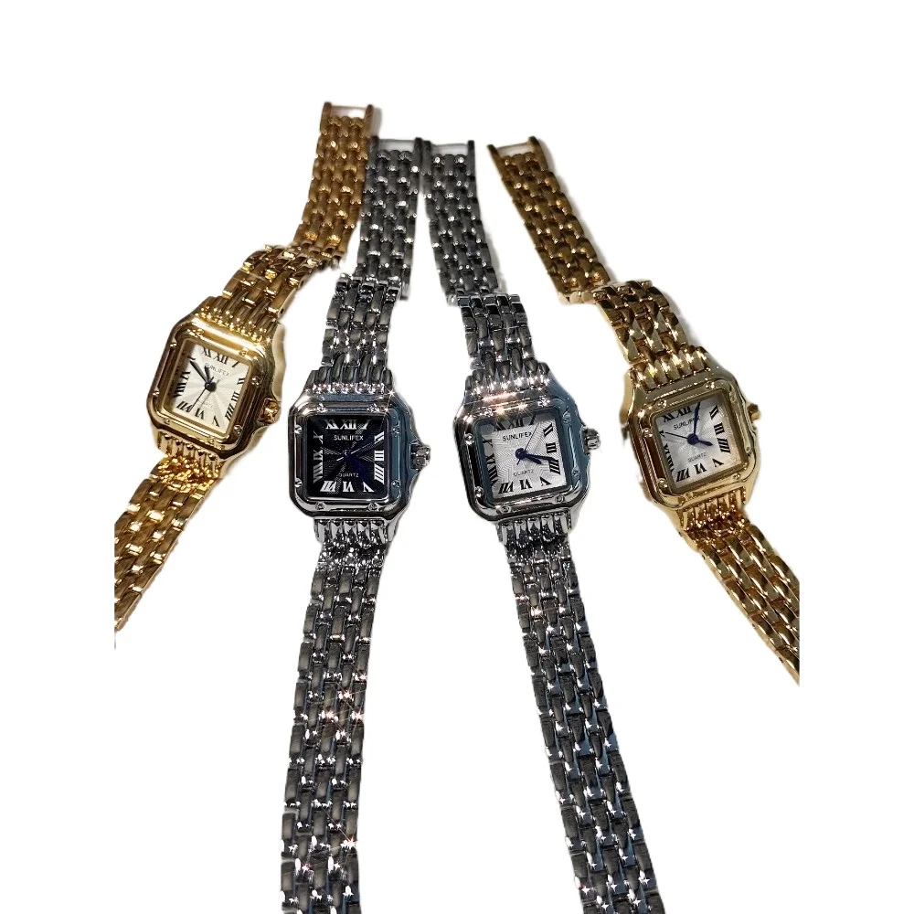 

Retro small square watch women's gold simple temperament steel belt atmospheric Roman steel belt watch women's