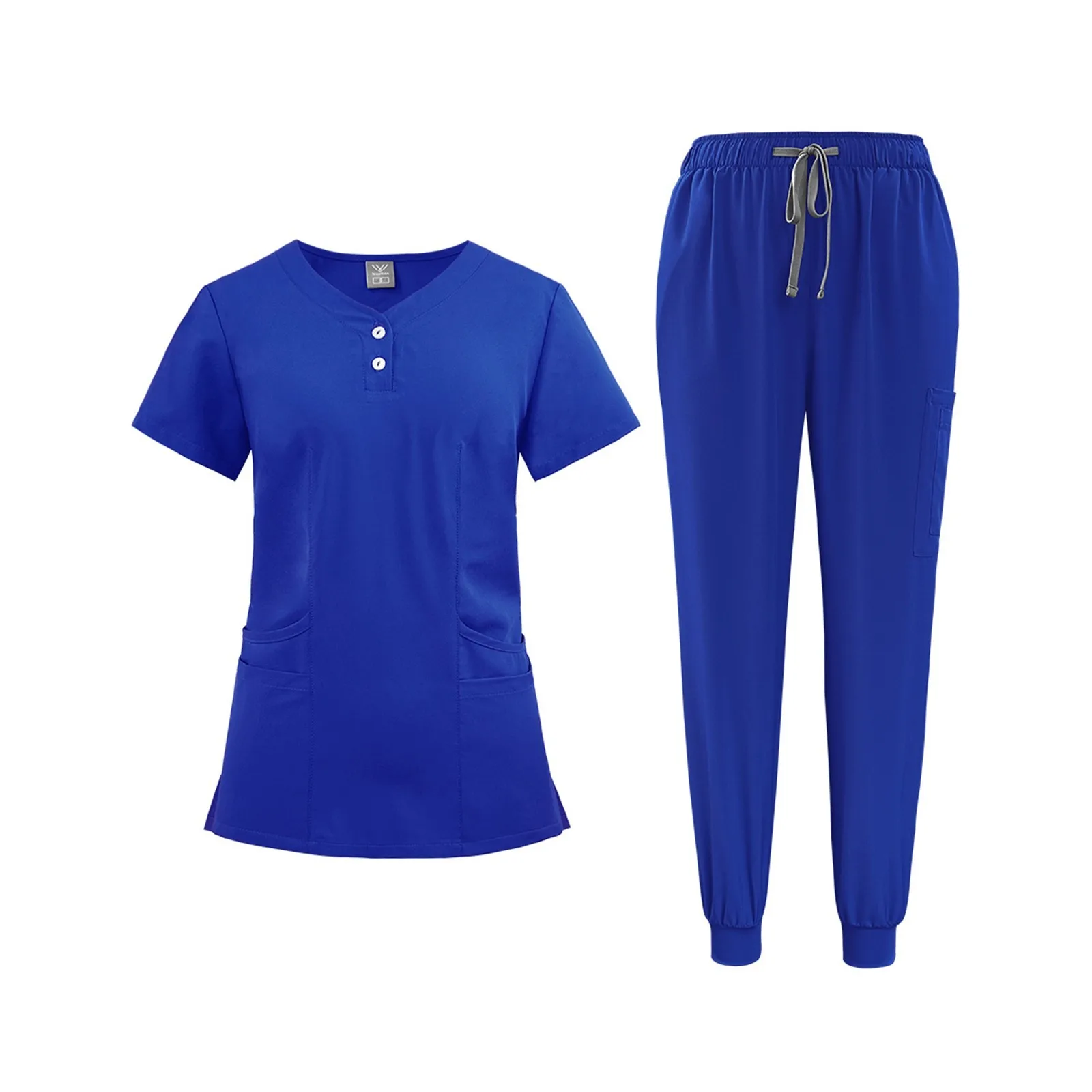 المرأة ممرضة موحدة التجفيف السريع النسيج بلون الخامس الرقبة زر جيب قصيرة الأكمام بنطلون دعوى التمريض ملابس العمل