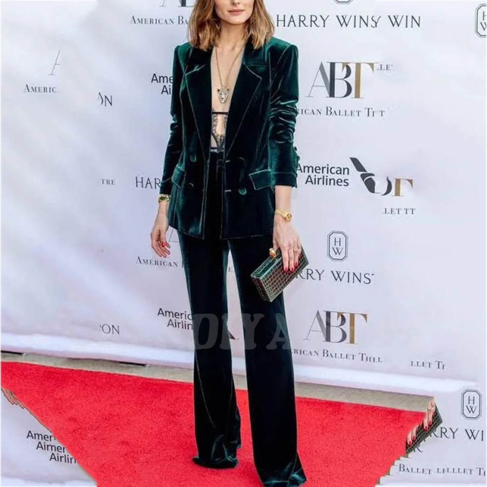 Dark Green Velvet Suit Two Pieces For Women Loose Casual Double Breasted Notched Lapel Fashion Outfit Red Carpet Female Set