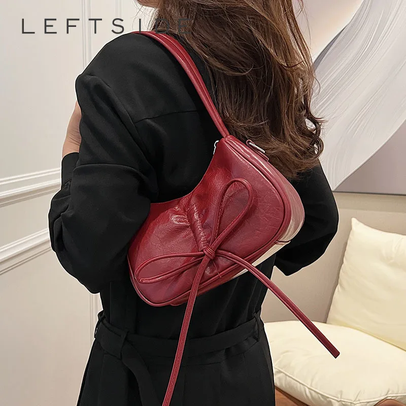 Retro Bow Design Small PU Leather Shoulder Bags For Women 2024 Korean Fashion Designer Crossbody Bag Female Solid Color Handbags