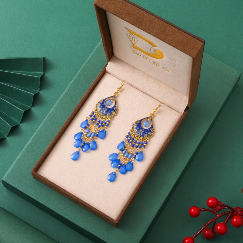 Bohemian Ethnische Lange Antik Gold Farbe Emaille Wasser Tropfen Ohrringe für Frauen Bunte Reis Perle Quaste Ohrring Pendientes Mujer – Detail 5