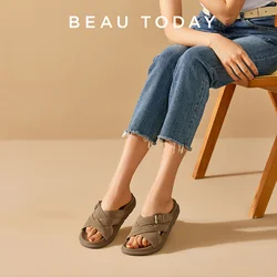 BEAUTODAY Modern Slippers Women Genuine Cow Suede Solid Color Open-Toe Flat with 2024 Summer Ladies Shoes Handmade 34055