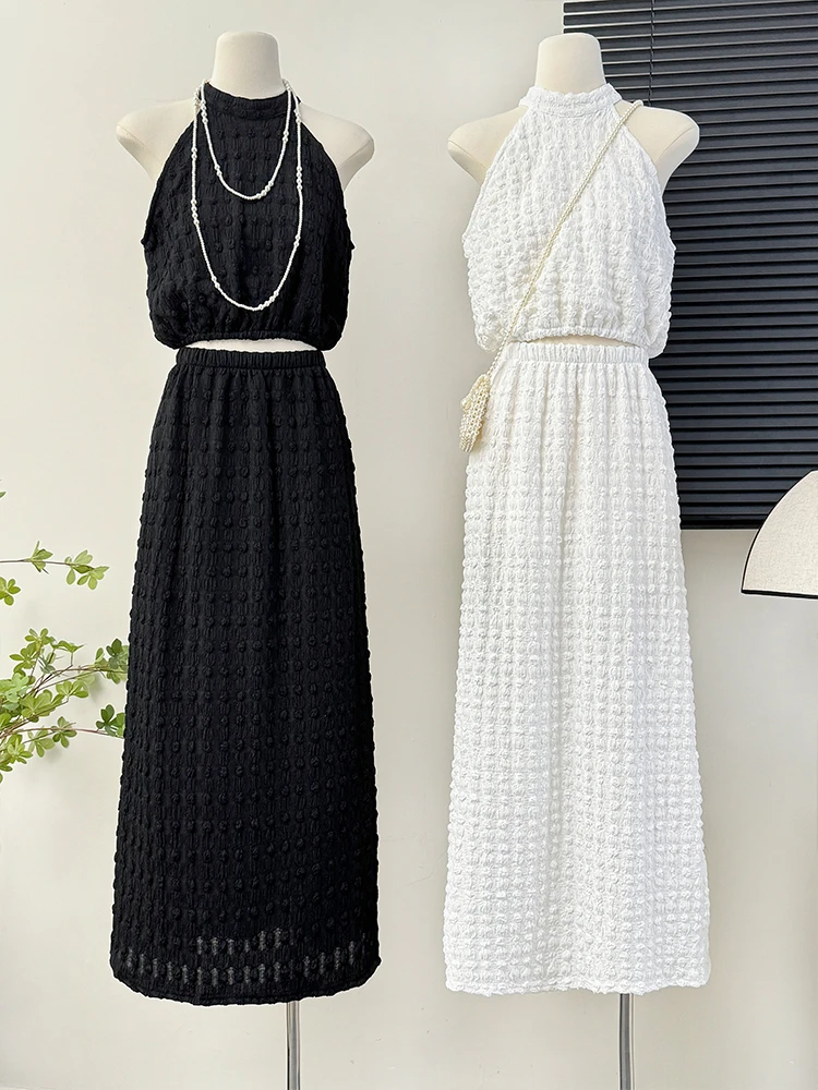 

Crop Tops Long Skirt Suit Women Halter Sleeveless Backless Skirts Set 2024 Summer Ladies Sexy 2 Piece Set Beach Outfit