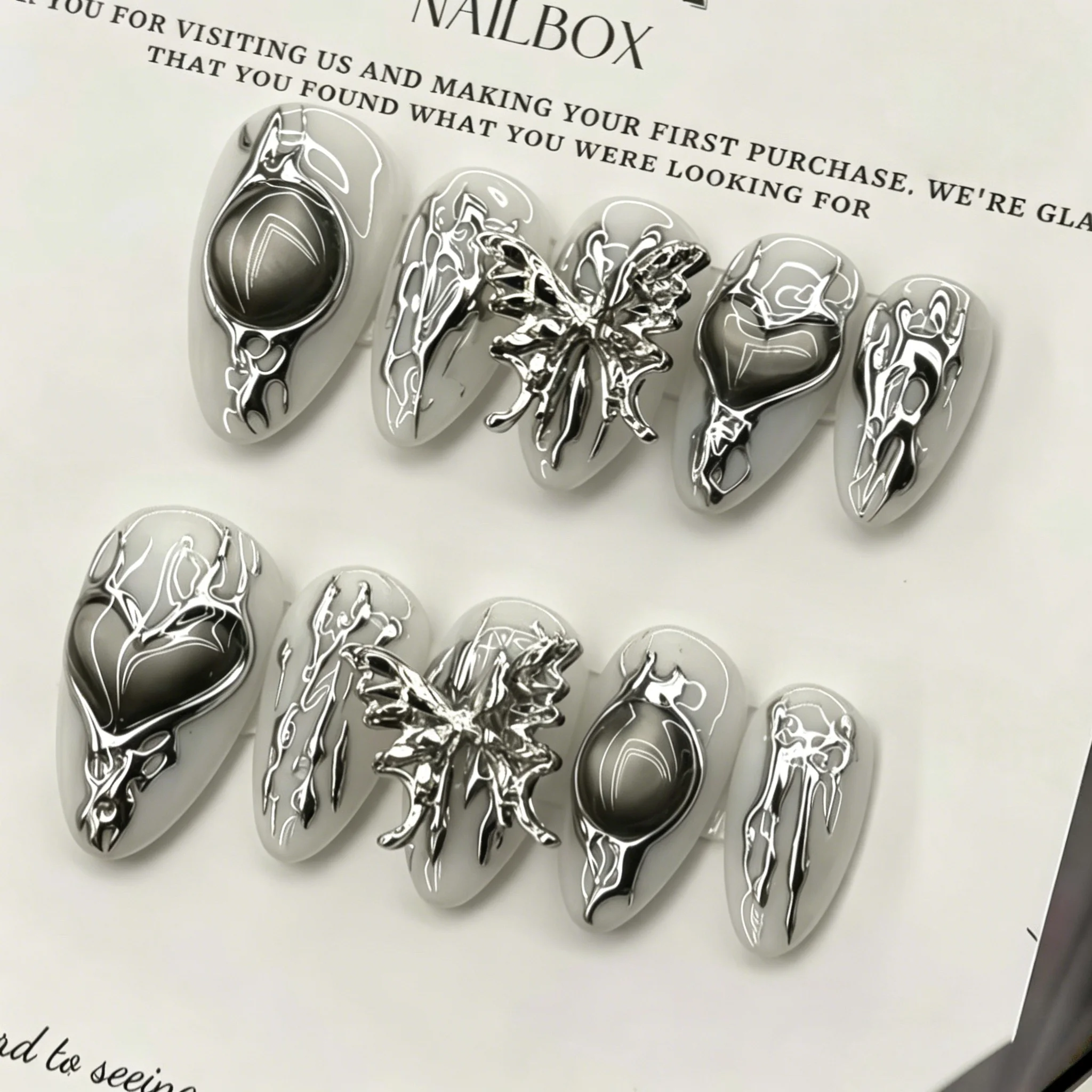 10pcs Metal Butterfly Handmade Nails Silver-Plated Seductive Y2K Press on Nail Short Almond Full Coverage Nail for Women&Girl 3