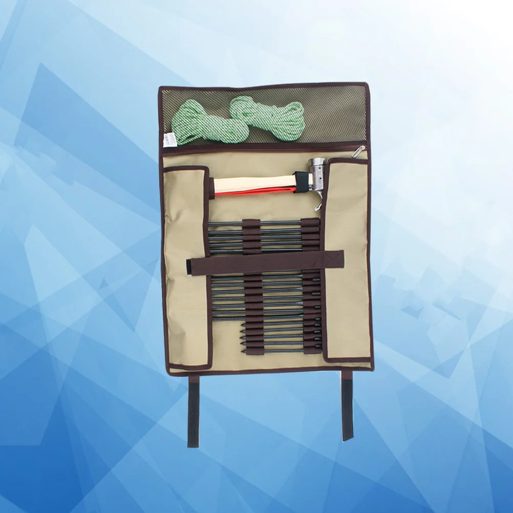 

L Size Khaki Tent Peg Storage Bag Heavy Duty Waterproof Fabric Multi Function Tool Pouch for Camping Hiking Outdoor Equipment