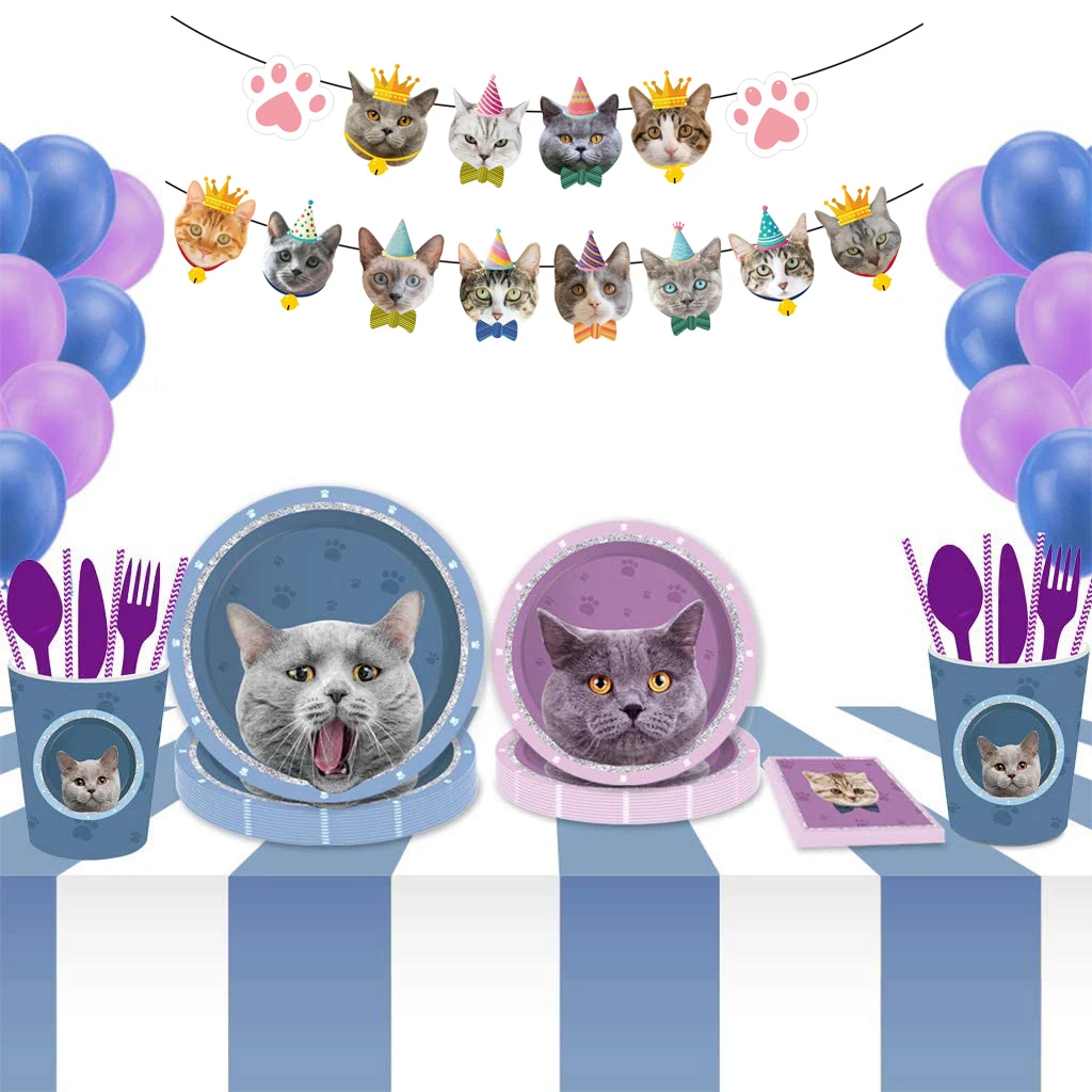 Kitten Party Supplies Set papierowe talerze i kubki serwetki obiadowe dekoracje na imprezę urodzinową Paw Cat Kids jednorazowe Tablewares