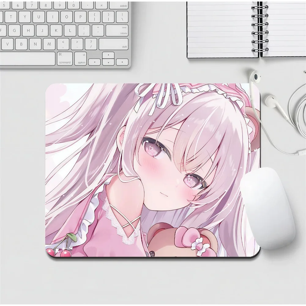 Gaming Mouse Pad,Small Square Desk Mat,Anti-slip Rubber Base,Stitched Edges,Pale Pink Twin Tails Bear Cherry Cute Anime Print