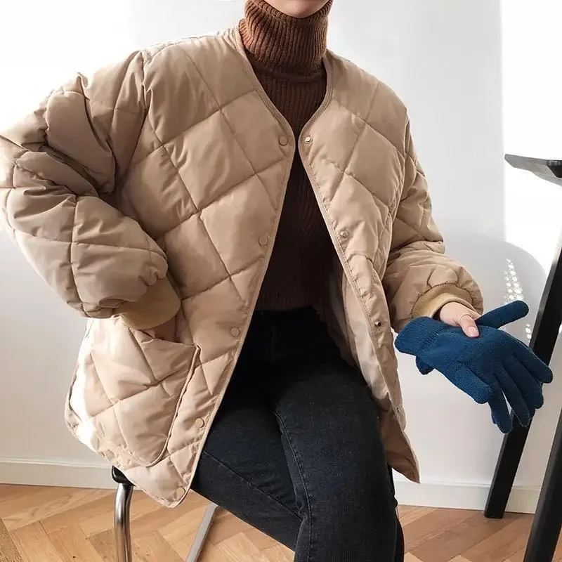 Women Autumn Winter Padded Jacket Thin Short Solid Color Rhombus Cotton Coat Korean Fashion Keep Warm Bread Coat Loose Plus Size