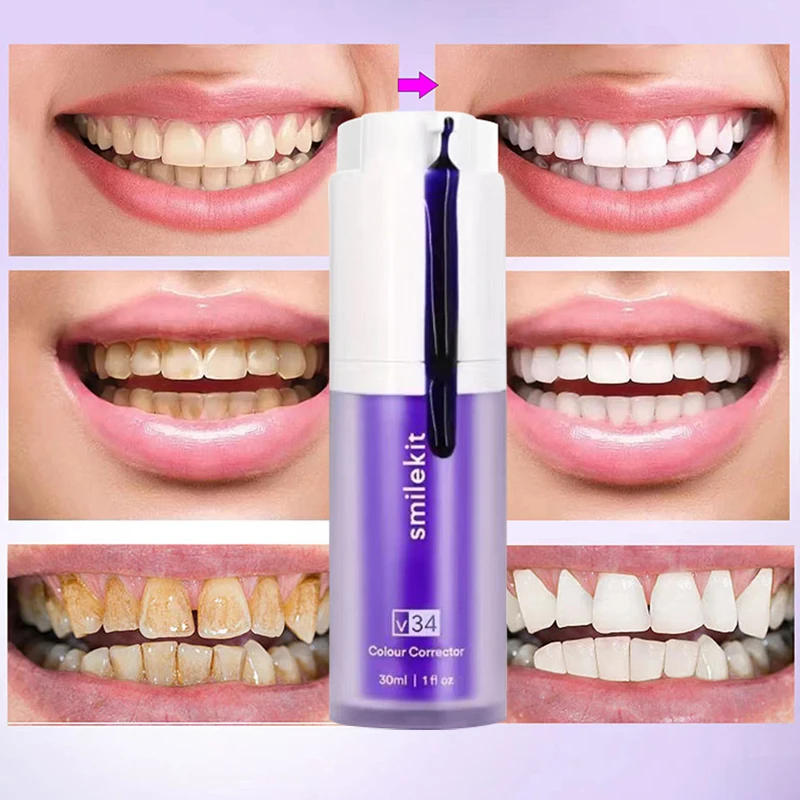 Teeth Whitening Toothpaste v34 Colour Smile Kit Mousse Purple Professional Dental Bleaching Remove Yellow Stains Fresh Breath