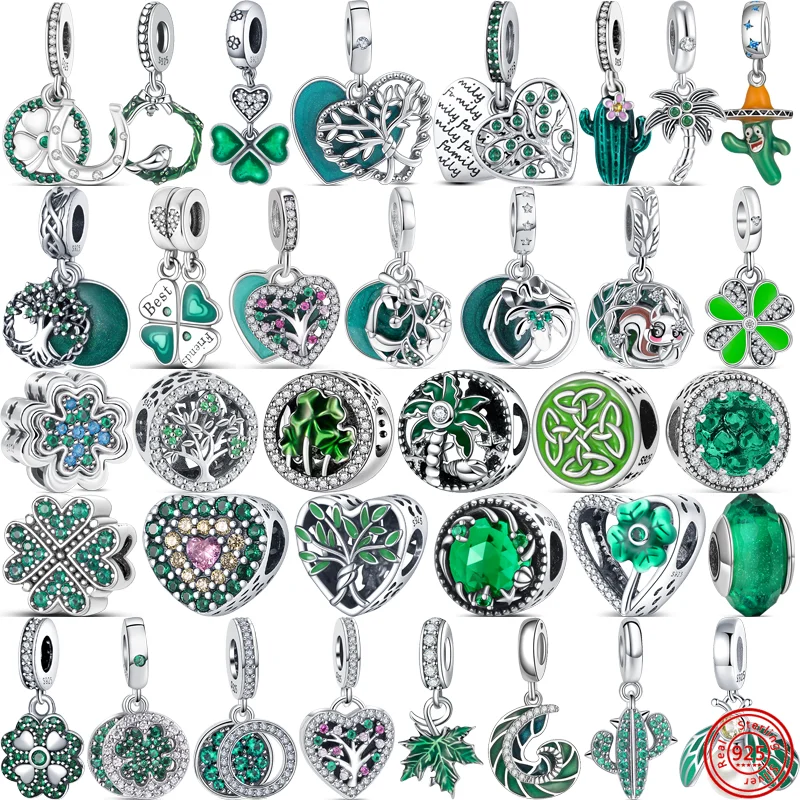 

925 Sterling Silver Green Leaf Tree Four Leaf Clover Cactus Zircon Pendant DIY Bead Jewelry Fit Original Pandora Charms Bracelet