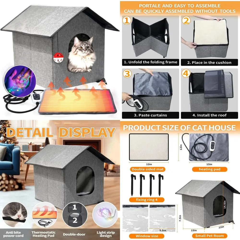 

Weatherproof Insulated Outdoor Cat House with Foldable Design and Thermostatic Heating Pad for Winter (Charcoal, 12x15)