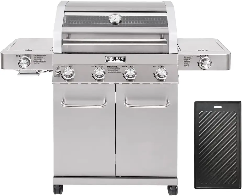 

4-Burner Propane Gas Grill, Stainless Steel Cabinet, Outdoor, with Infrared Side Sear, Side Burners, and 2 Cooking Plates
