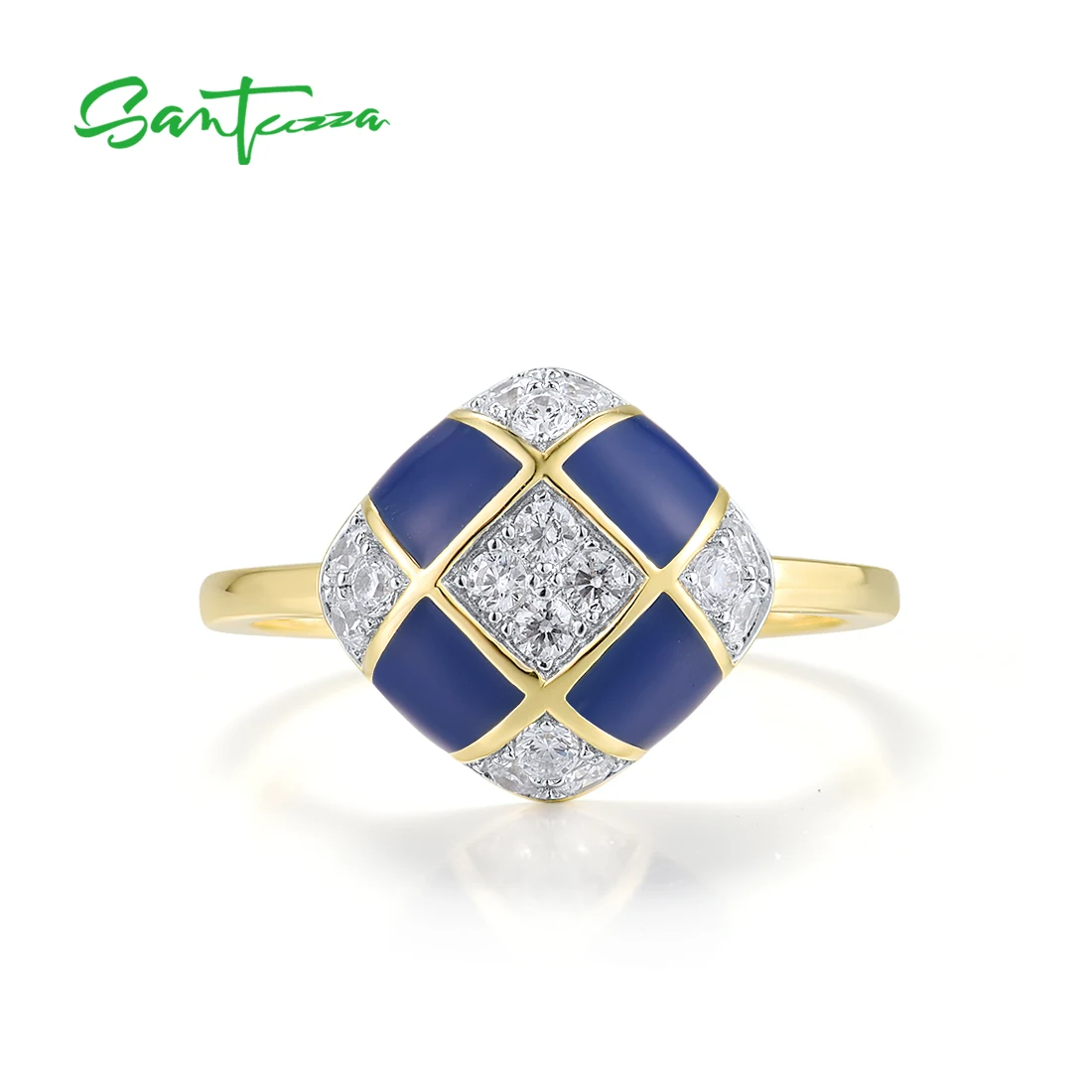 

SANTUZZA Genuine 925 Sterling Silver Rings For Women Sparkling White CZ Blue Square Enamel Concise Trendy Gift Fine Jewelry