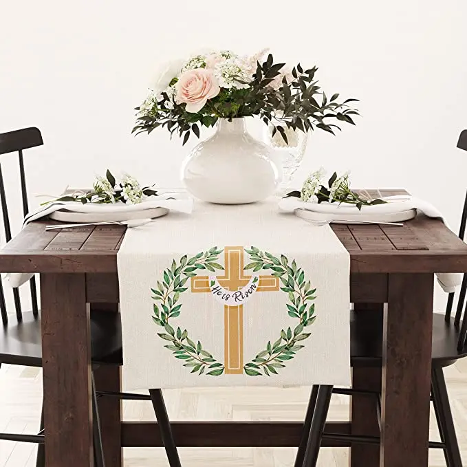 He Is Risen Blessed Easter Table Runner Seasonal Wreath Summer Holiday Farmhouse Indoor Table Runner for Home Party Decor